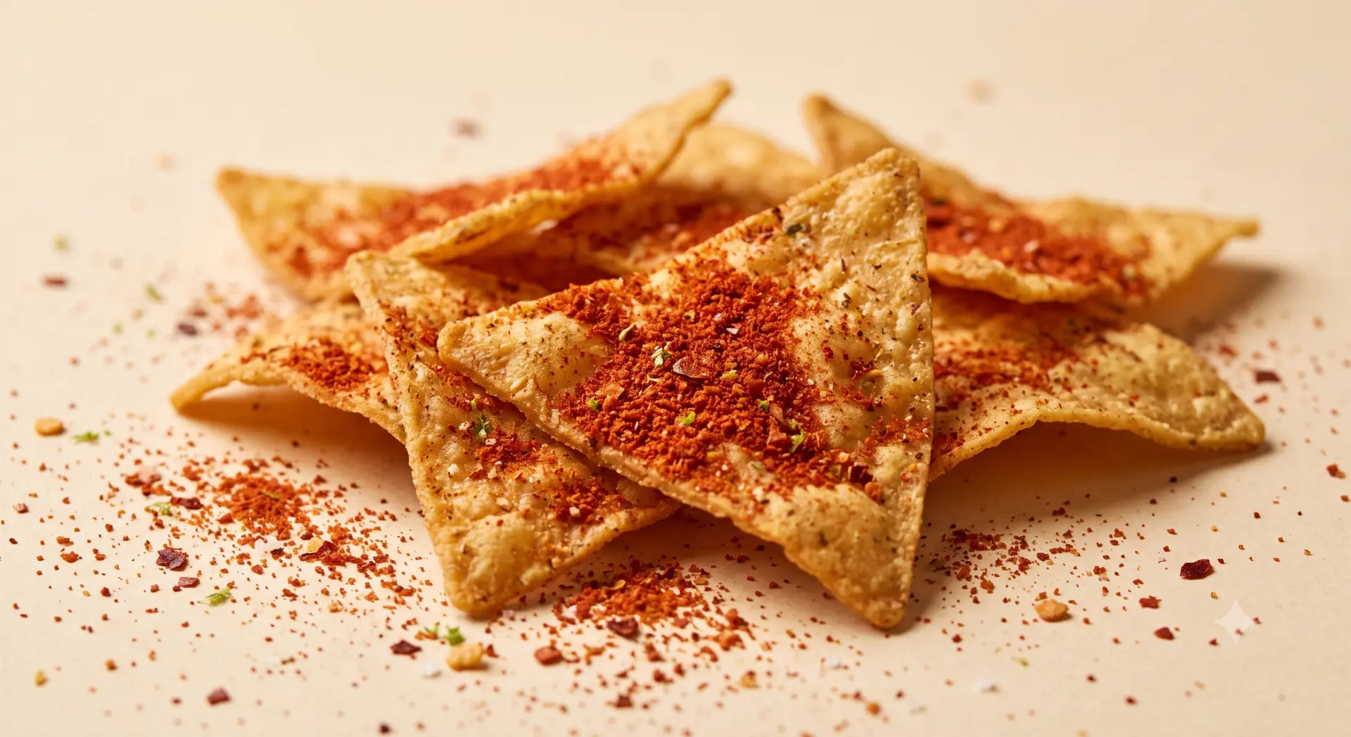 Tortilla chips coated with chile lime seasoning, loose powder scattered across the surface