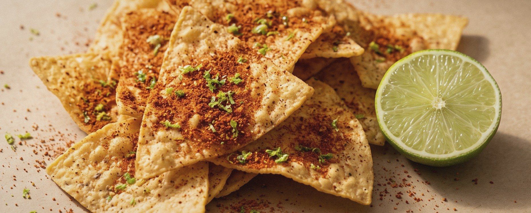 Tortilla chips coated with chile lime seasoning next to fresh lime