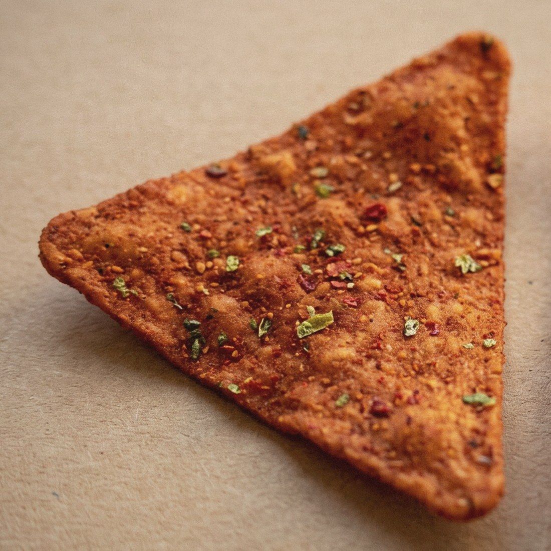 Tortilla chip with clean label paprika seasoning, a natural brick red