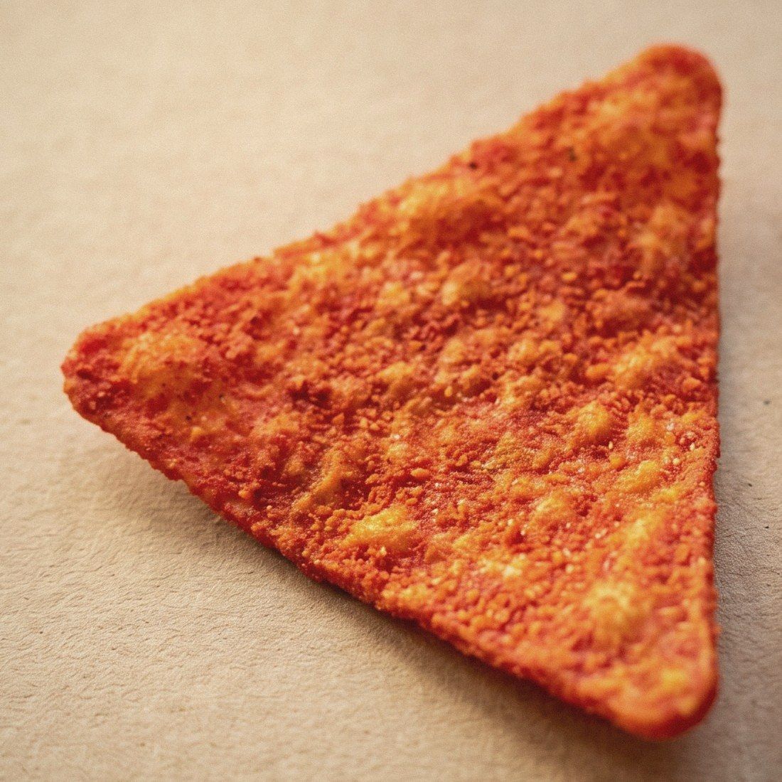The same tortilla chip with Red 40 seasoning, a bright orange red