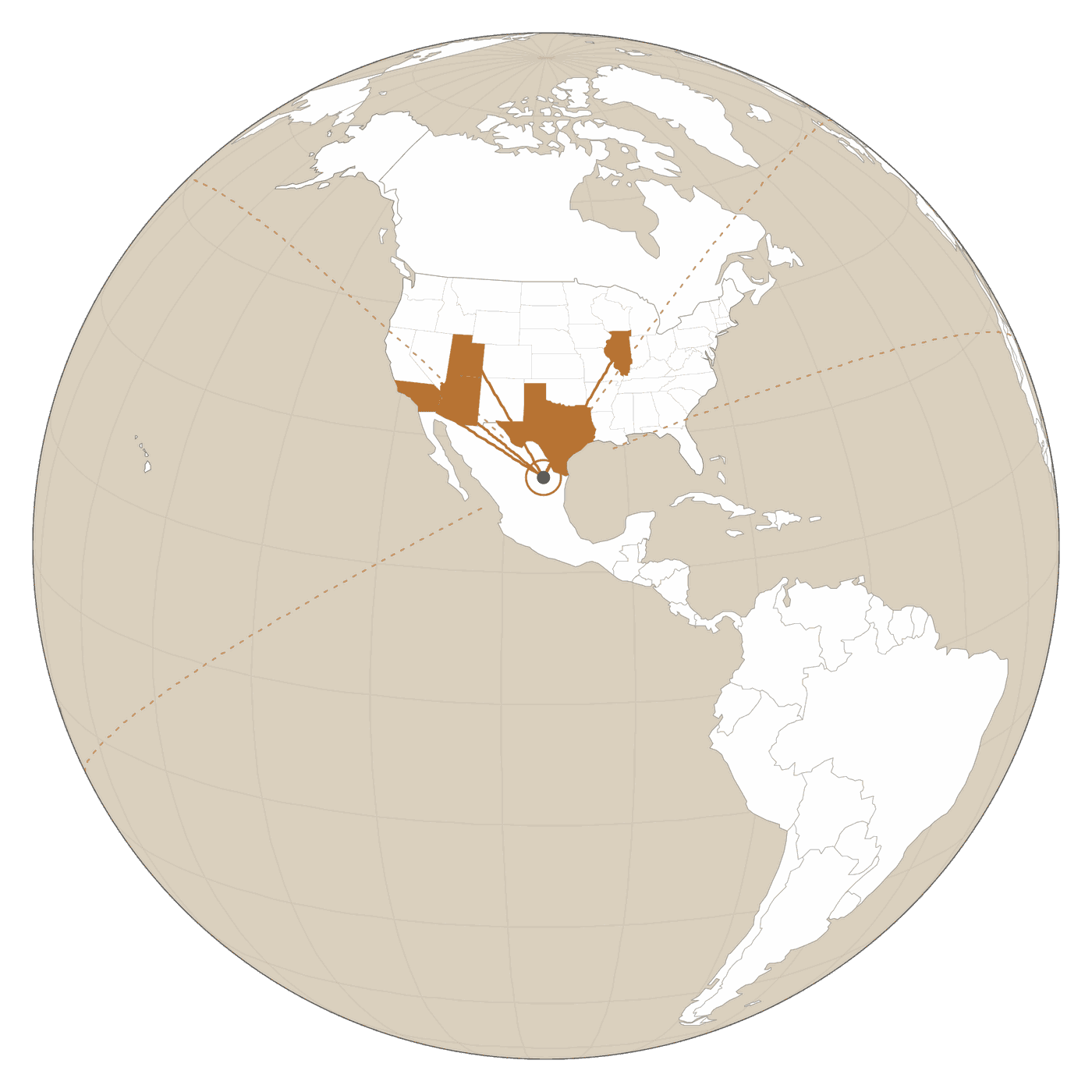 Globe centered on Monterrey with routes to Southern California, Arizona, Utah, Texas and Illinois and shipping arcs leaving toward the rest of the world