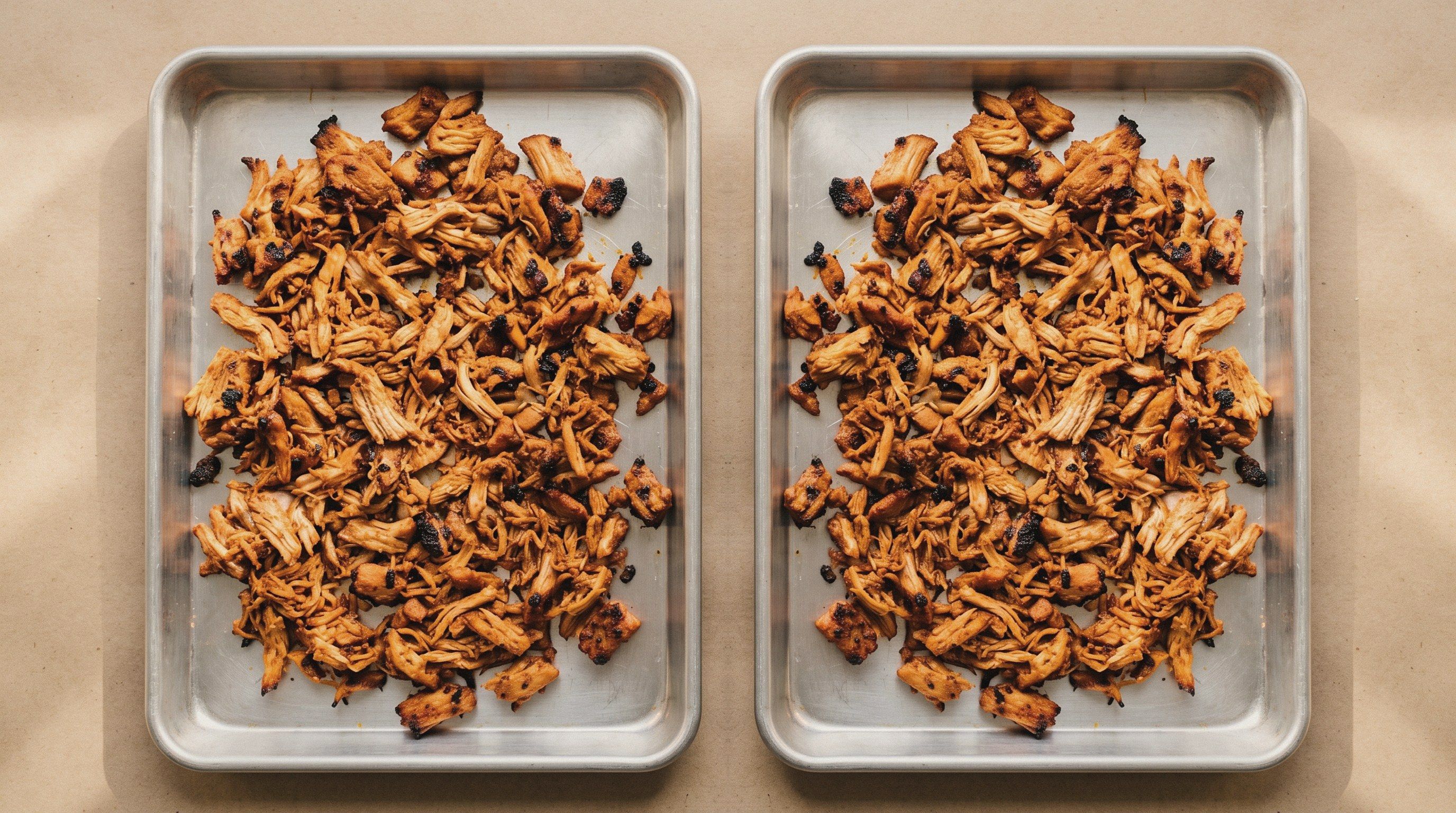 Two trays of seasoned shredded pork from two kitchens running the same approved spec, matching color and texture