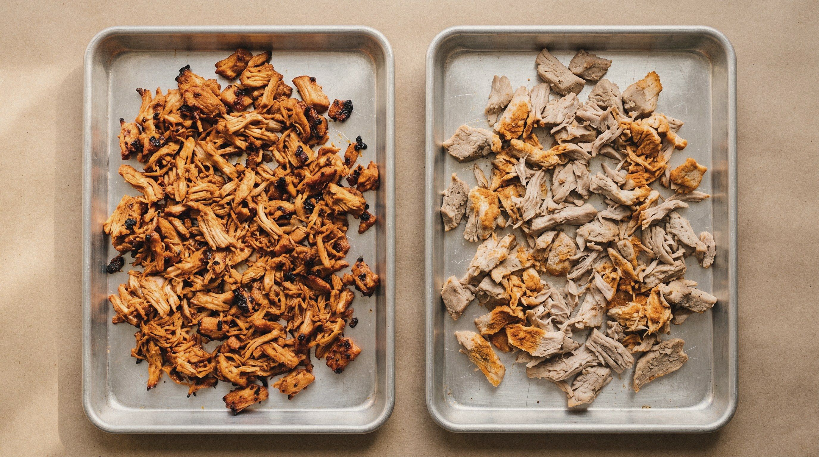 Two trays of seasoned shredded pork from two kitchens of the same brand: one evenly seasoned, one pale and patchy