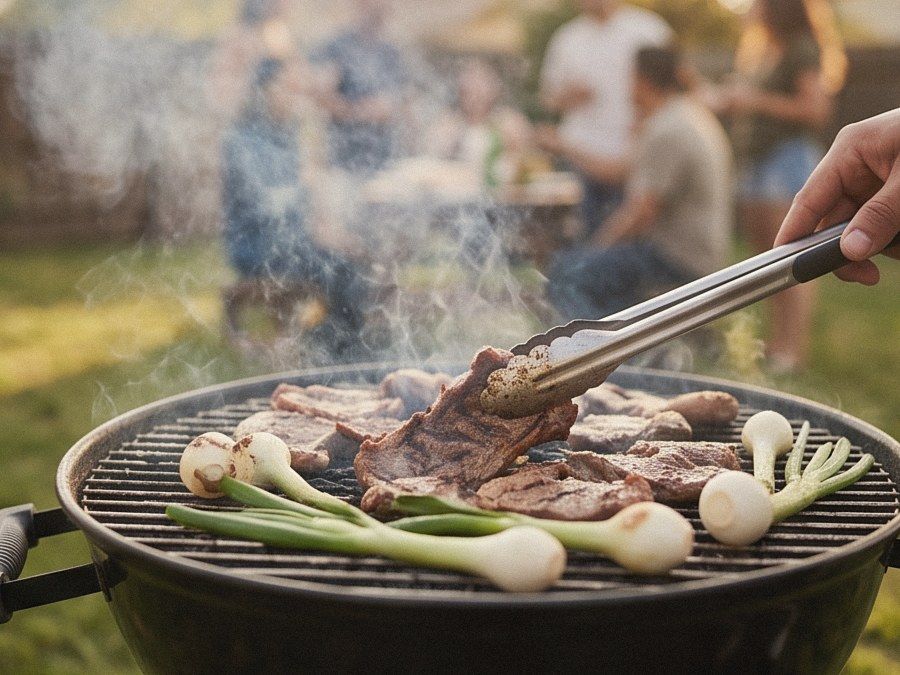 Carne asada and spring onions on a backyard grill with friends in the background