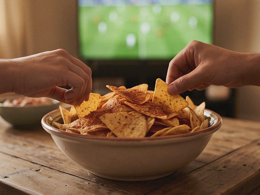 A bowl of chile lime tortilla chips shared during a soccer match