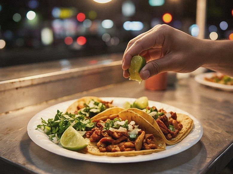 Tacos al pastor at a street stand at night with a lime being squeezed