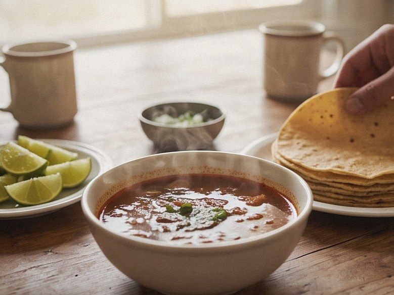 A bowl of birria consommé with tortillas and lime on a morning table