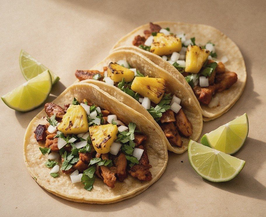 Tacos al pastor with marinated pork, pineapple, onion and cilantro